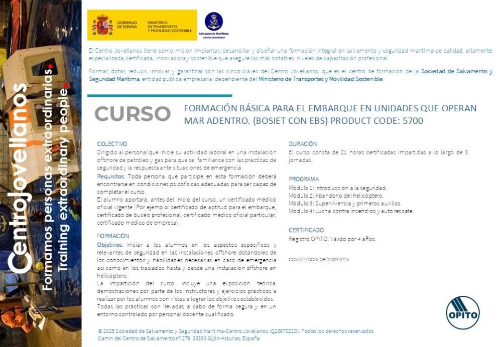 Imagen Formación básica para el embarque en unidades que operan mar adentro. (BOSIET con EBS) Product code 5700