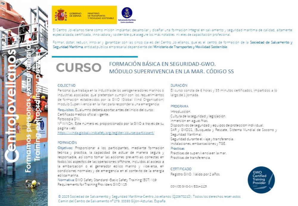 Imagen Formación básica en seguridad-GWO, módulo supervivencia en la mar. Código SS