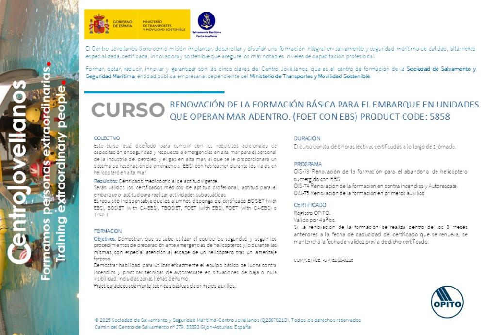 Imagen Renovación de la formación básica para el embarque en unidades que operan mar adentro. (FOET con EBS) Product code 5858