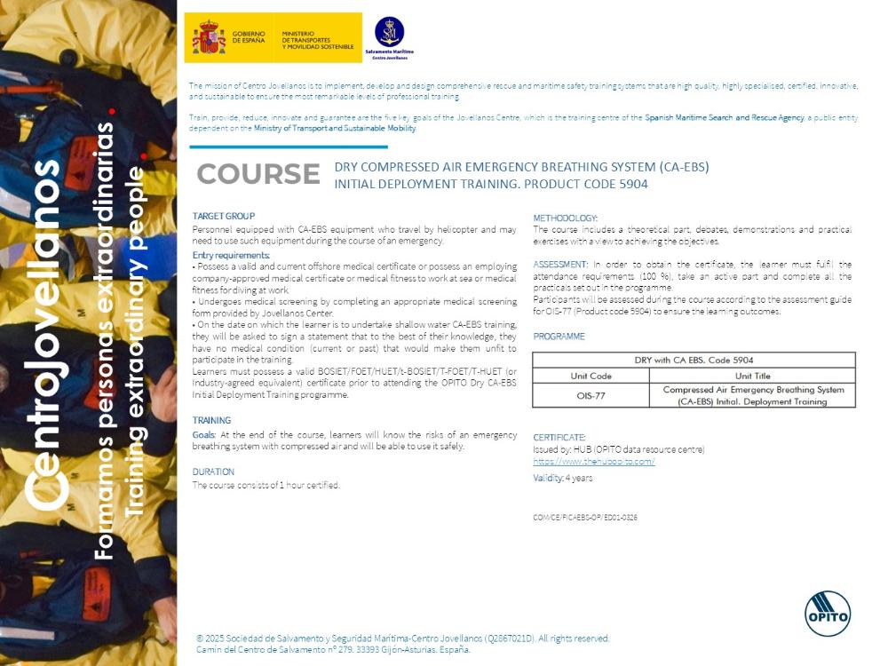 Imagen Dry compressed air emergency breathing system (CA-EBS) initial deployment training. Product code 5904