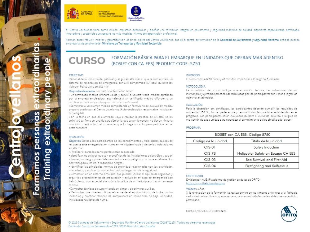 Imagen Formación básica para el embarque en unidades que operan mar adentro (BOSIET con CA-EBS). Product code 5750