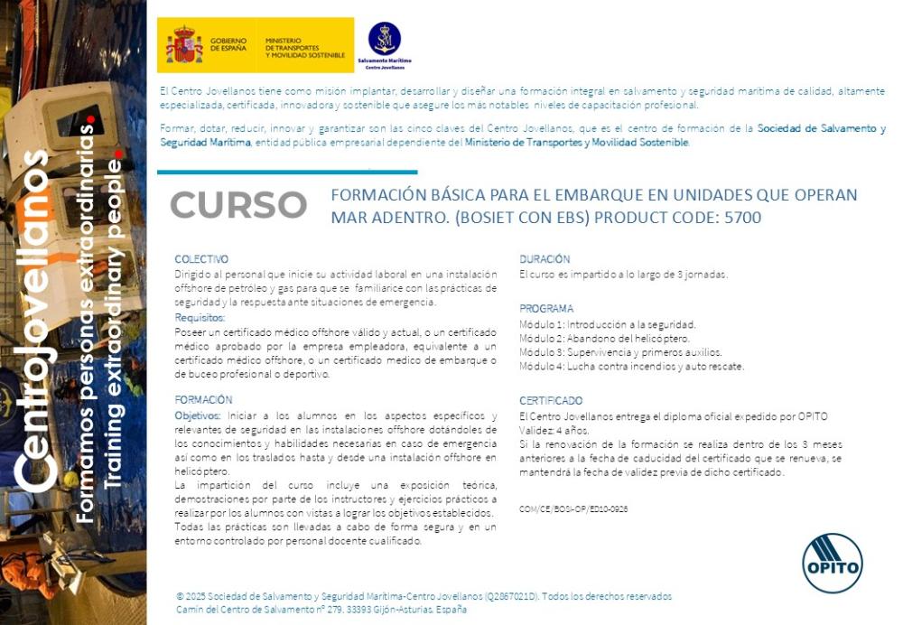 Imagen Formación básica para el embarque en unidades que operan mar adentro (BOSIET con EBS). Product code 5700