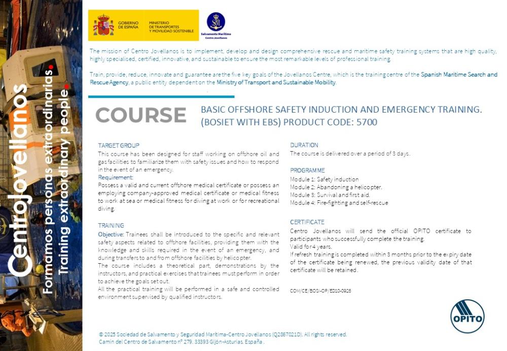 Imagen Basic offshore safety induction and emergency training (BOSIET with EBS). Product code 5700