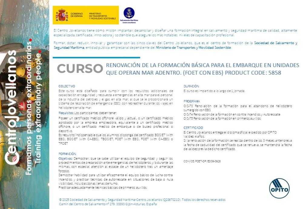 Imagen Renovación de la formación básica para el embarque en unidades que operan mar adentro (FOET con EBS). Product code 5858