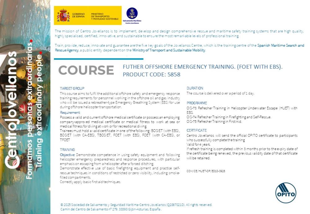 Imagen Futher offshore emergency training (FOET with EBS). Product code 5858